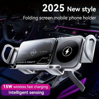Wireless Charging Car Mount 15W Fast Charge – Universal Phone Holder for iPhone 15 14 13 12 11 8 X, Samsung Galaxy S24 S23 Note20 Fold 5 Fold 6, Supports Folding Screen Smartphones