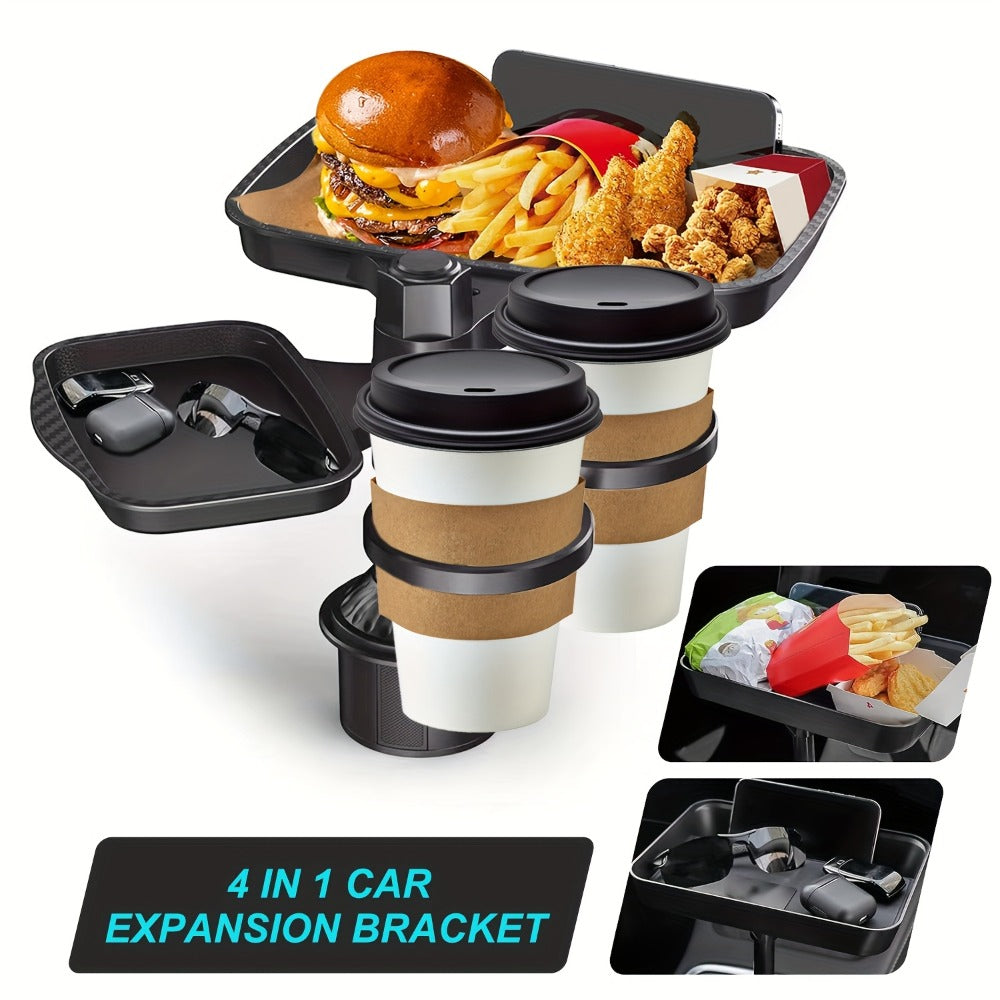 Rotating Car Cup Holder Expander with Dual Drink Rings, 4.3 x 6 Inch Tray, Adjustable Base and Black Finish