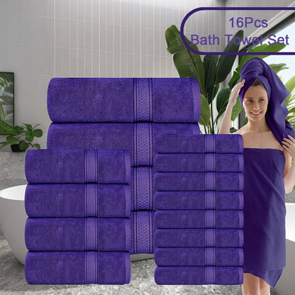 Towel Set 8 or 16 Piece Thickened Bath, Hand and Washcloth Collection in Multiple Solid Colors