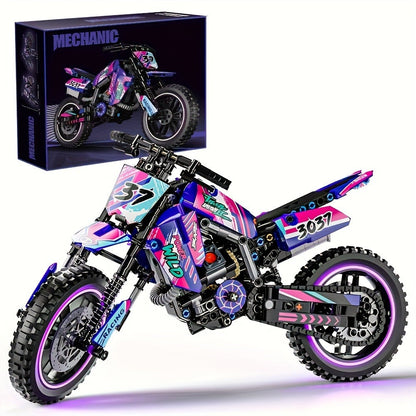 Building Block Set Off-Road Motorcycle Model, 476-Piece Purple and Black Bike with Display Dimensions and Instructions