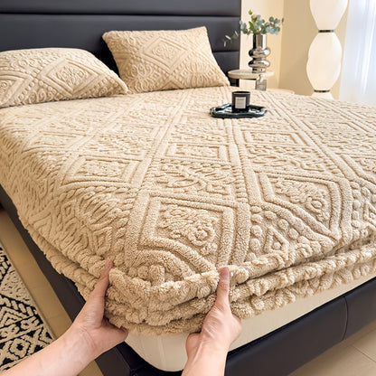 Embossed Fitted Bed Sheet Super Soft Jacquard Mattress Cover Deep Pocket All Season Twin Full Queen King Washable Bedding White Gray Khaki Blue Green