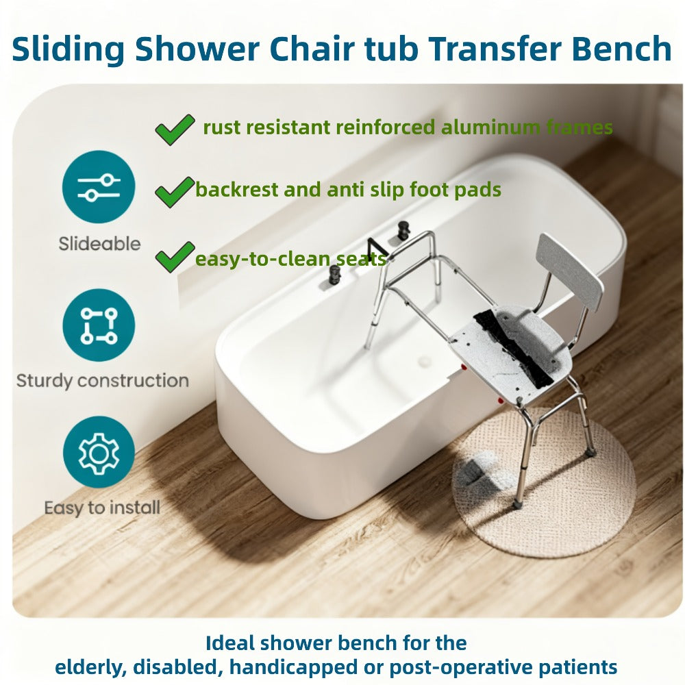 Sliding Bathtub Transfer Bench with Reversible Grey Seat, Safety Rail, Backrest and Adjustable Legs