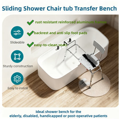 Sliding Bathtub Transfer Bench with Reversible Grey Seat, Safety Rail, Backrest and Adjustable Legs
