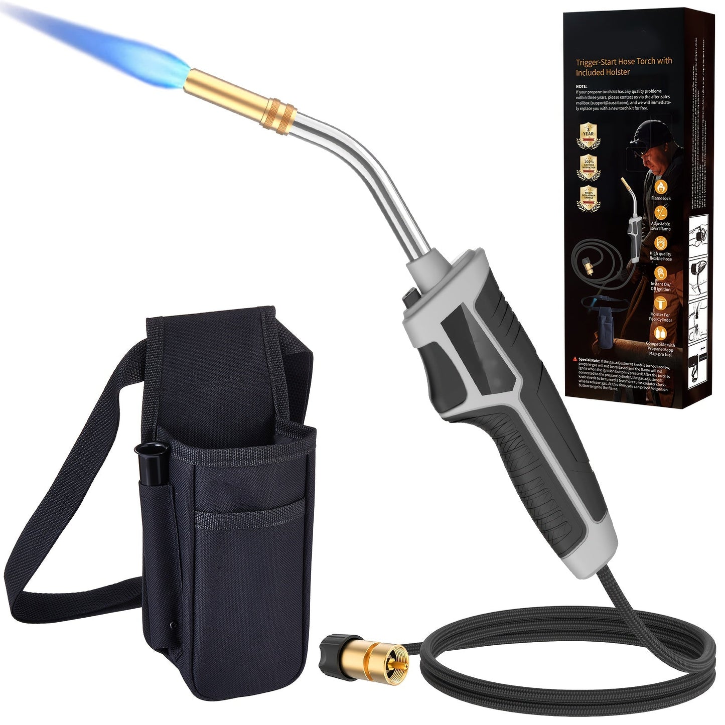 Torch Kit with Trigger Start Propane Torch Head, 5Ft Hose & Holster, Blow Torch for Brazing, Soldering, Welding, BBQ & Campfire, Propane Torch with Cylinder Clip Option (Cylinder Not Included)