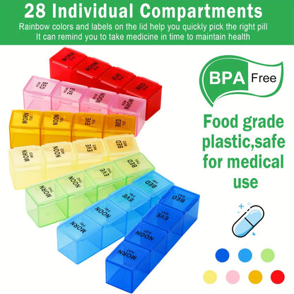 Four-Pack Weekly Pill Organizer Set with Seven Days, Four Daily Compartments and Rainbow Labels