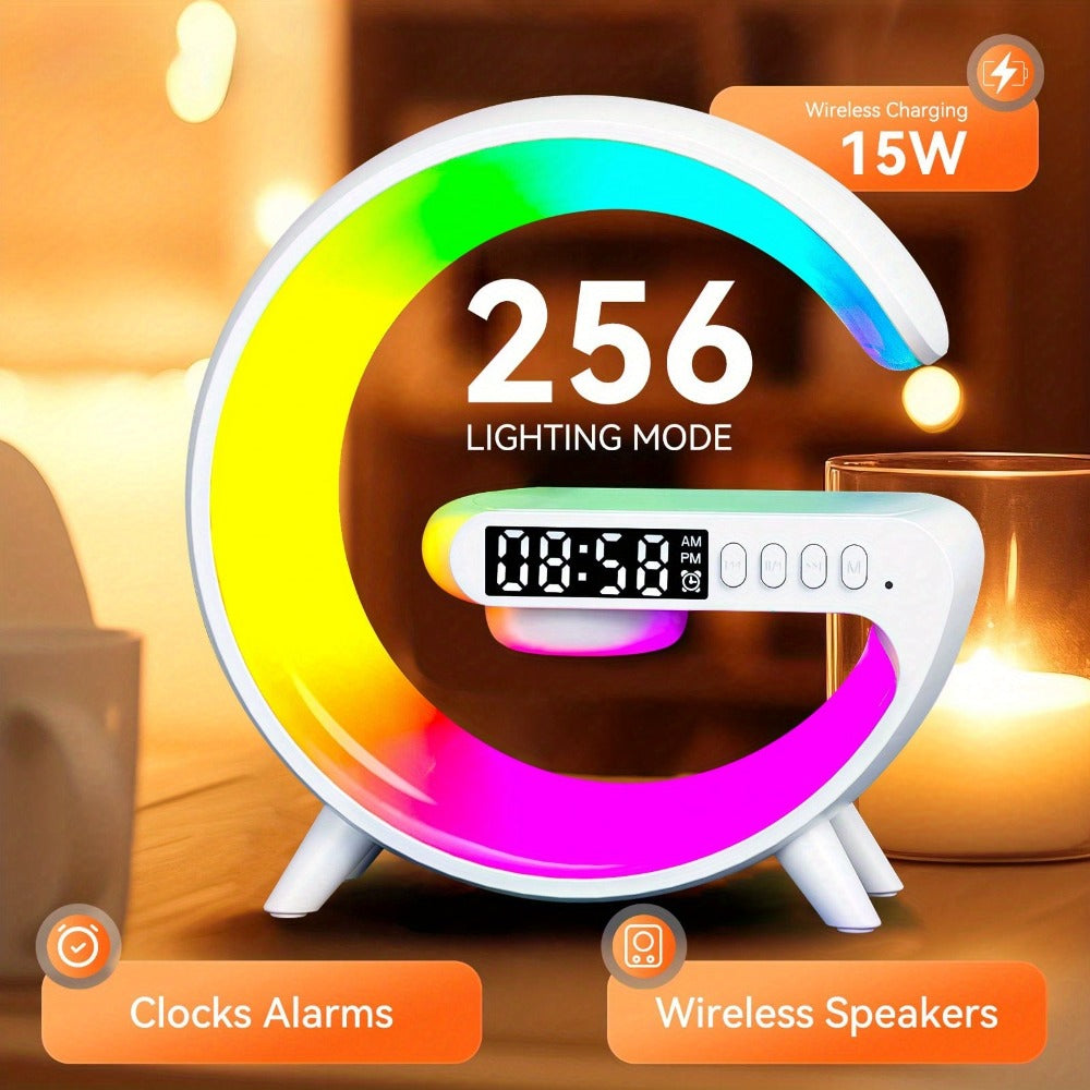 G-Shaped RGB Wireless Charging Lamp with Alarm Clock, Bluetooth Speaker and Black or White Finish
