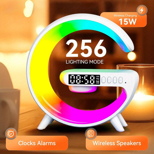 Wireless Charger with RGB Night Light – 4-in-1 Bluetooth Speaker Alarm Clock Wake Up Light, 256 RGB Colors, Qi Fast Charging for iPhone Samsung, Bedside Nightstand Lamp