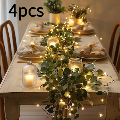String Lights, Four-Piece Eucalyptus Leaf Wreath Set with 20 Warm LEDs per Strand and Battery Power