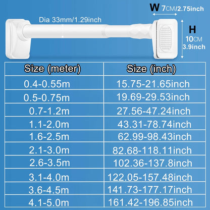 No-Drill Tension Curtain Rod with 33 mm Tube, Black, White or Grey Finish and 15.75–196.85 Inch Ranges