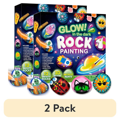 Rock Painting Kit for Kids Glow in the Dark – 10 Rocks Metallic & Glow Paints Gems Glitter Brushes Stickers All-in-One Craft Set for Boys Girls Ages 6+ Birthday Easter Christmas Gift
