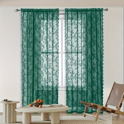 Two-Panel Floral Lace Window Curtain Set with Rod-Pocket Top, Three Colors and Six Metric Size Options