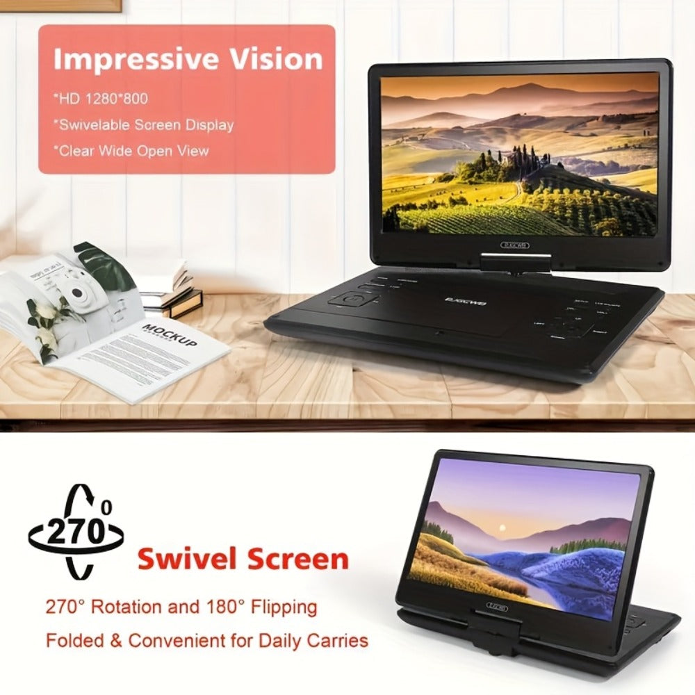 Portable DVD Player 14.1 Inch HD Screen, AV IN/OUT Sync TV & Projector, 270° Rotating Screen, Region Free, USB SD Card, Remote Control, 6-Hour Battery, Dual Speakers for Car Home Travel