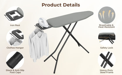 Ironing Board Full Size Adjustable Height Foldable Iron Board with 4-Leg Stand 4-Layer Thick Pad Iron Rest Safety Lock for Home Dorm Laundry Room