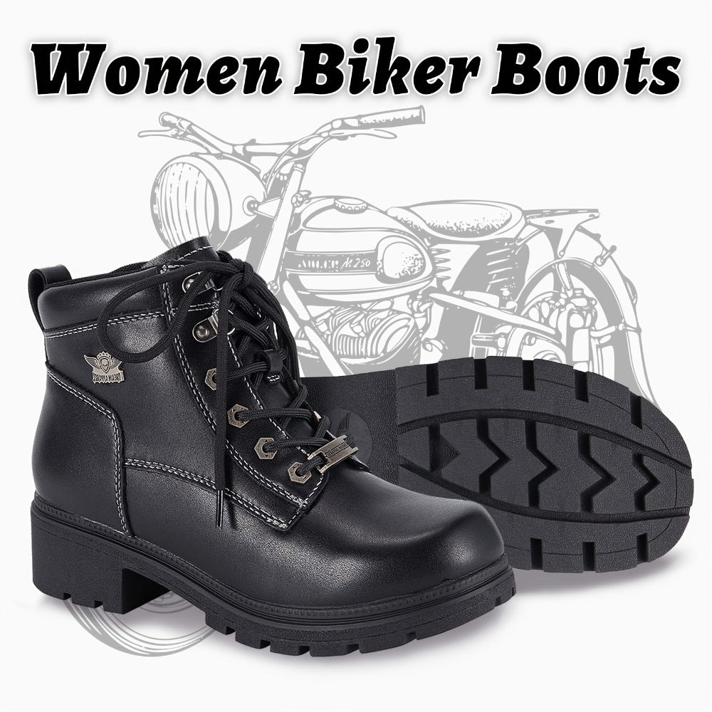 Women's Motorcycle Riding Boots, Low Heel Lace-Up Ankle Booties with Side Zipper, Non-Slip Rubber Sole Biker Combat Boots in Black Faux Leather, All-Season, US Sizes 6–11