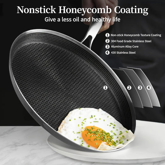 Stainless Steel Crepe Pan 11 Inch Dual Honeycomb Non-Stick PFOA-Free with Lid – Triply Steel Pancake Griddle for Tortillas | Induction Gas Electric Ceramic Compatible Home Camping BBQ Cookware
