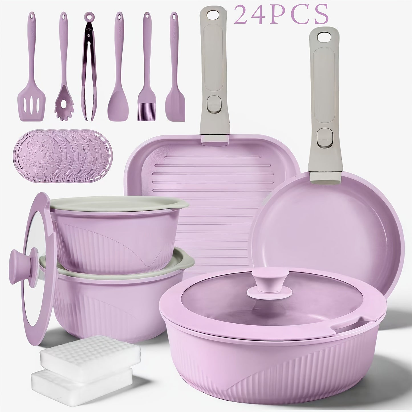 Detachable-Handle Cookware Set in 5-, 7- or 24-Piece Configurations with Stackable Pots, Pans and Lids