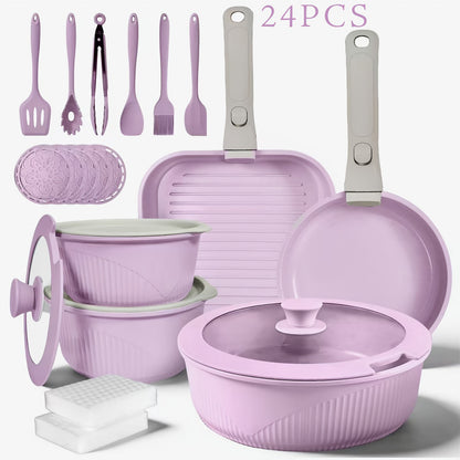 Detachable-Handle Cookware Set in 5-, 7- or 24-Piece Configurations with Stackable Pots, Pans and Lids
