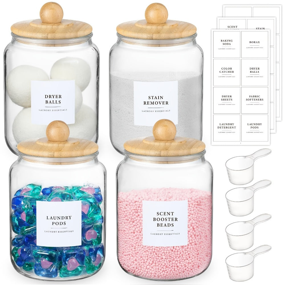 Wide-Mouth Glass Storage Canisters with Lids, Labels and Spoons in Five Pack Configurations