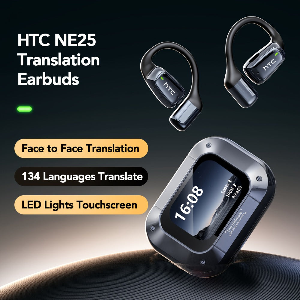 Open-Back Hi-Fi Gaming Earphones HTC NE25 AI Real-Time Translation 135 Languages LED Smart Screen Low Latency Long Battery Lightweight Wireless Headphones Black