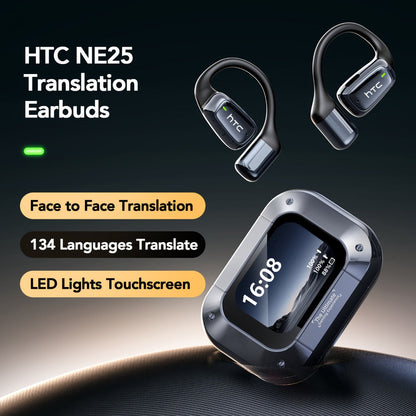 Open-Back Hi-Fi Gaming Earphones HTC NE25 AI Real-Time Translation 135 Languages LED Smart Screen Low Latency Long Battery Lightweight Wireless Headphones Black