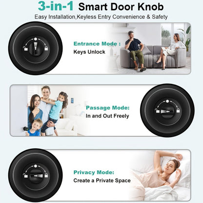 K10 Rechargeable Smart Door Knob with Fingerprint & App Control - 3-in-1 Keyless Entry, Entrance/Passage/Privacy Mode, Built-In Lithium Battery, No Battery Replacement, Matte Black & Brushed Nickel