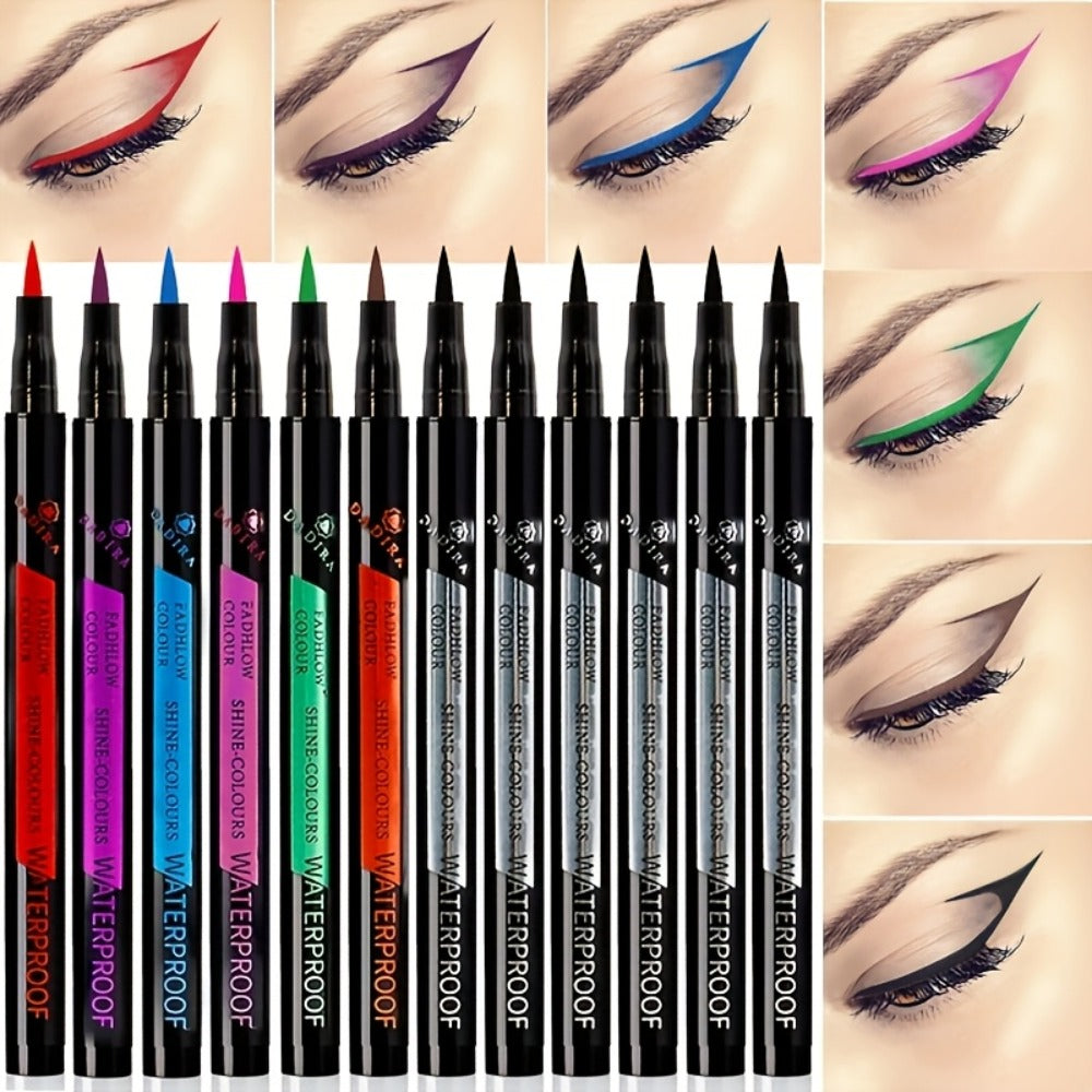 Fine-Tip Liquid Eyeliner Pen Set with Twelve Black and Bright Color Pens for Graphic Eye Looks