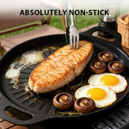 BBQ Griddle Pan Non-Stick with Oil Drain Groove & Double Handles – Multi-Function Grill Frying Pan with Oil Brush for Outdoor BBQ Family Gatherings Indoor Stovetop Cooking | Easy Clean Cookware