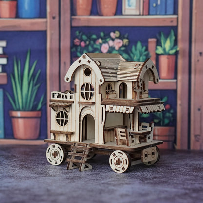 3D Wooden Mobile Home Puzzle Model Kit with Café Bar Details, 11 x 6 x 12 cm Finished Display