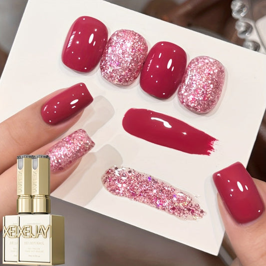 Glitter Gel Nail Polish Set 2pcs – Candy Holographic Sequin Nude Pink Sparkling Semi Permanent Soak Off UV LED Nail Art Varnish Manicure Kit for Women