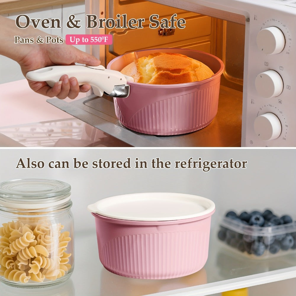 Detachable-Handle Cookware Set in 5-, 7- or 24-Piece Configurations with Stackable Pots, Pans and Lids
