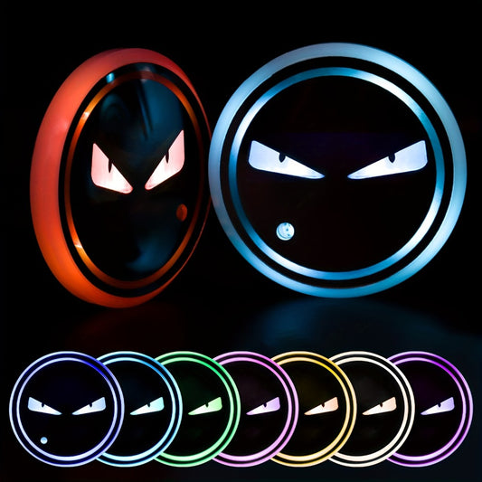 LED Neon Car Cup Holder Coasters – 7 Color USB Rechargeable Glowing Cup Mats, Ambient Light for Car Interior, Bar & Home Decor (Set of 2, Devil's Eye Design)