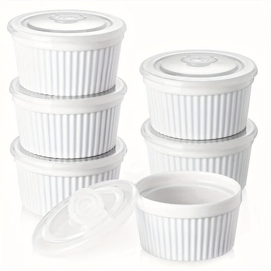 Souffle Dishes Set of 6 Porcelain Ramekins with Lids 8oz Creme Brulee Cups Custard Cups for Baking Pudding Dip Sauce Dessert White Ceramic Bakeware