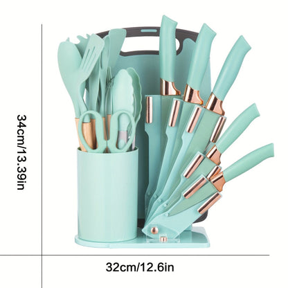 19-Piece Kitchen Knife & Utensil Set with Wooden Handles, Non-Stick Blades, Silicone Cooking Tools, Cutting Board, Scissors & Holder