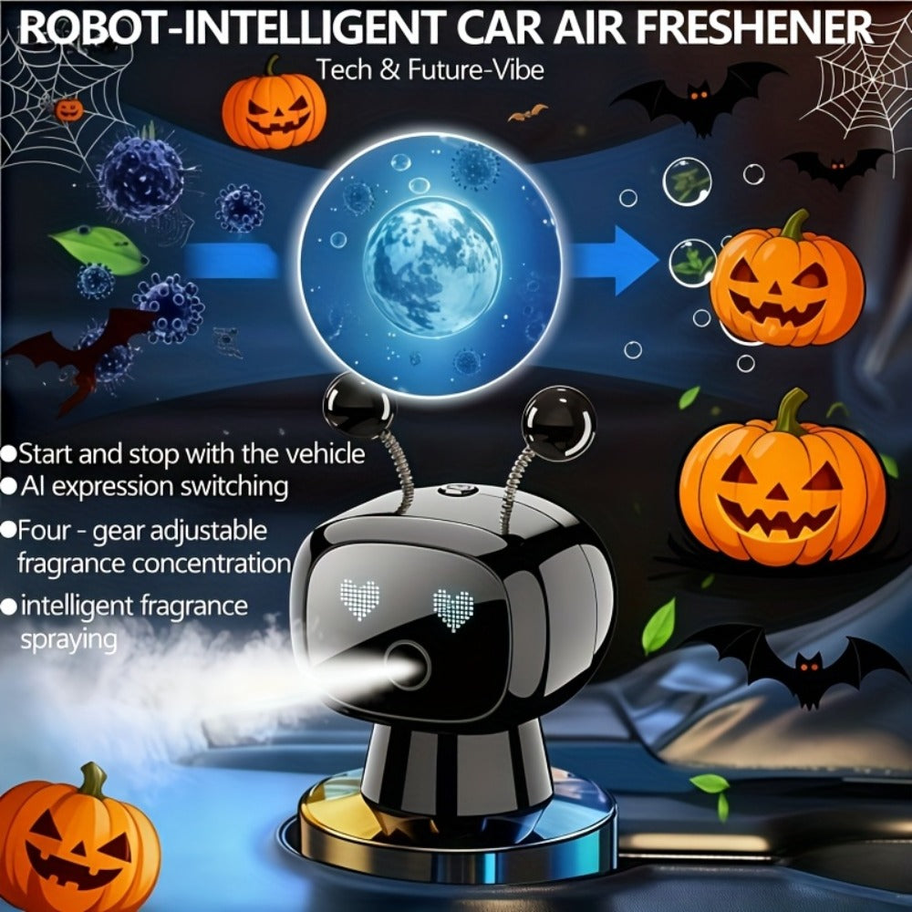 Robot Car Air Freshener USB Rechargeable – AI Expression Display, Auto Spray Synced to Car Start/Stop, 4-Level Fragrance Intensity Control, Green Gardenia Scent, Vent Clip Diffuser, Cute Car Decoration Gift