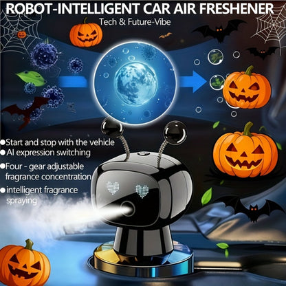 Robot Car Air Freshener USB Rechargeable – AI Expression Display, Auto Spray Synced to Car Start/Stop, 4-Level Fragrance Intensity Control, Green Gardenia Scent, Vent Clip Diffuser, Cute Car Decoration Gift