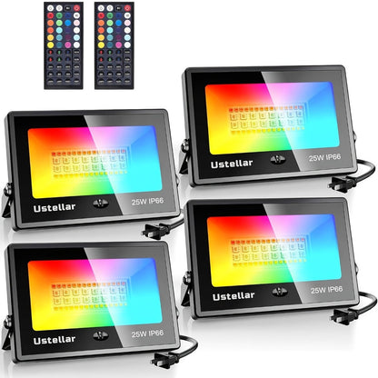 RGB LED Flood Light 25W Outdoor Color Changing - 1000 DIY Colors, 44-Key Remote, Strobe & Fade Modes, Memory Function, Multi-Pack for Party, Stage, Garden, Halloween & Christmas Uplighting