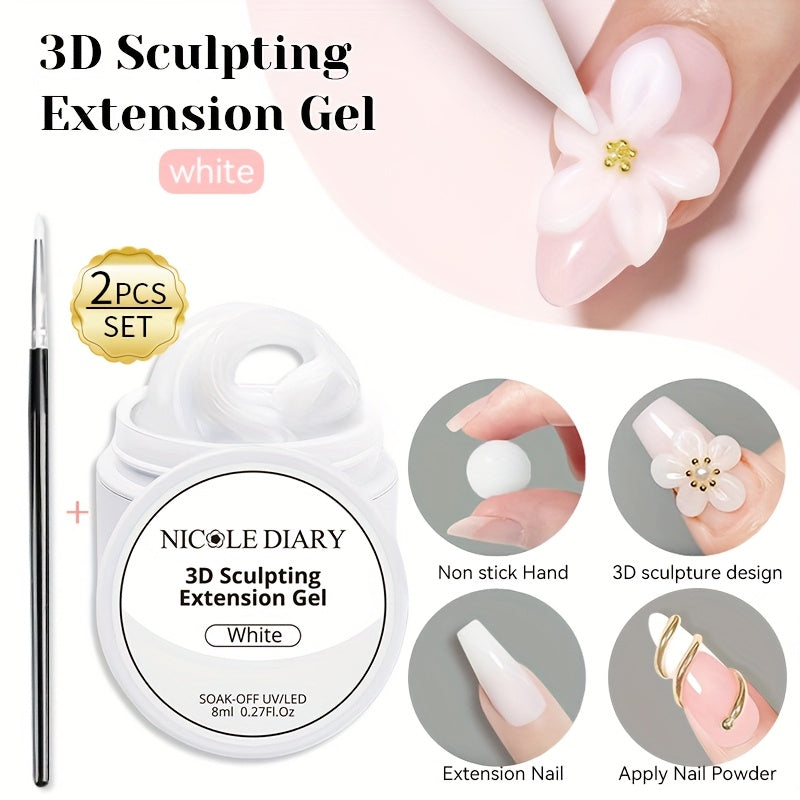 3D Sculpting Builder Gel Kit with Carving Pen — Clear & White Nail Extension Gel for Floral Nail Art, Acrylic Extensions & DIY Salon Manicure, Professional Nail Modeling Gel Set 2pcs or 3pcs for Women