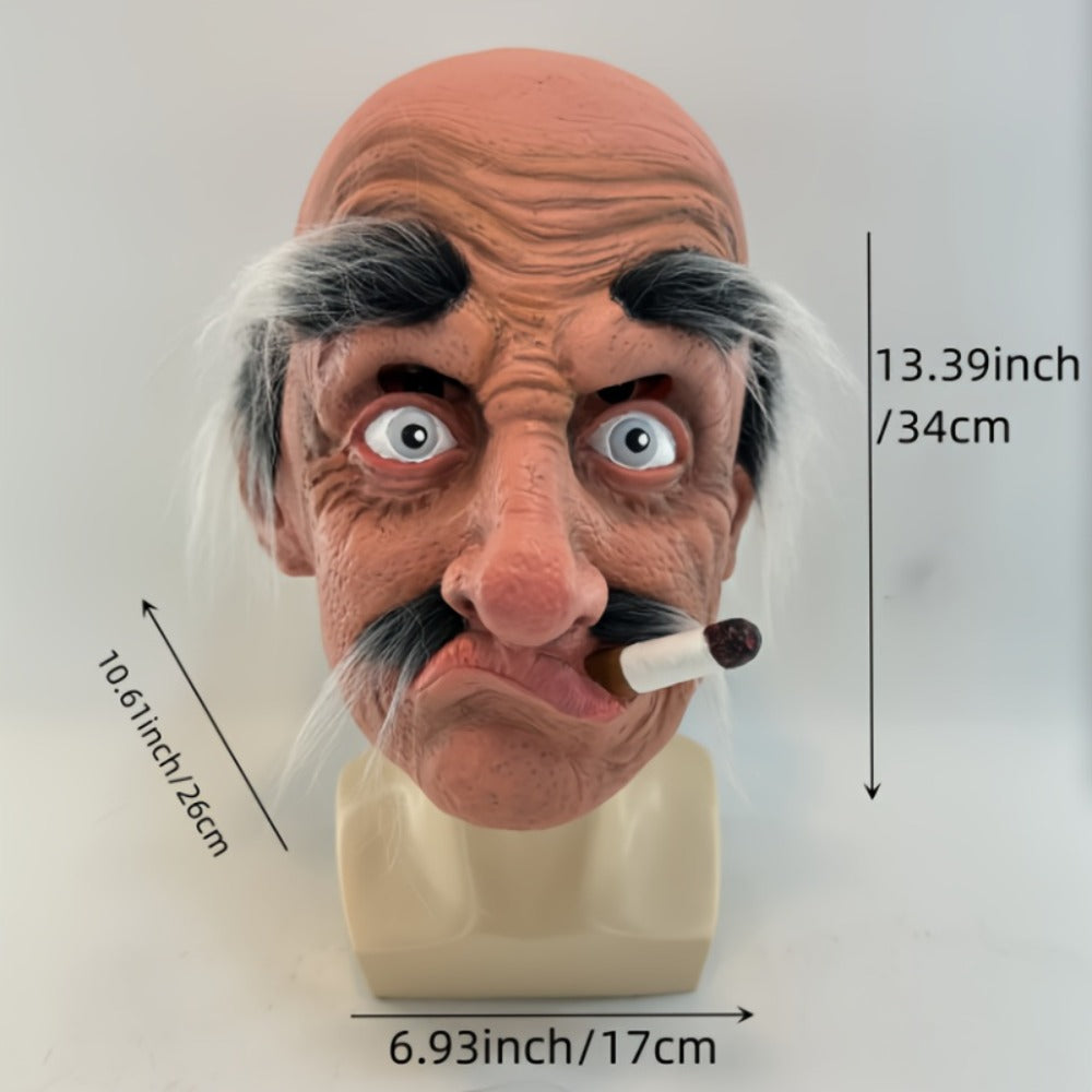 Bald Old-Man Full-Head Costume Mask with Gray Brows, Mustache, Side Hair and Faux Cigar for Adult Halloween Parties