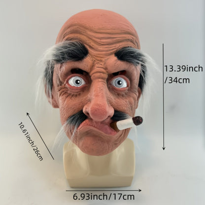 Bald Old-Man Full-Head Costume Mask with Gray Brows, Mustache, Side Hair and Faux Cigar for Adult Halloween Parties