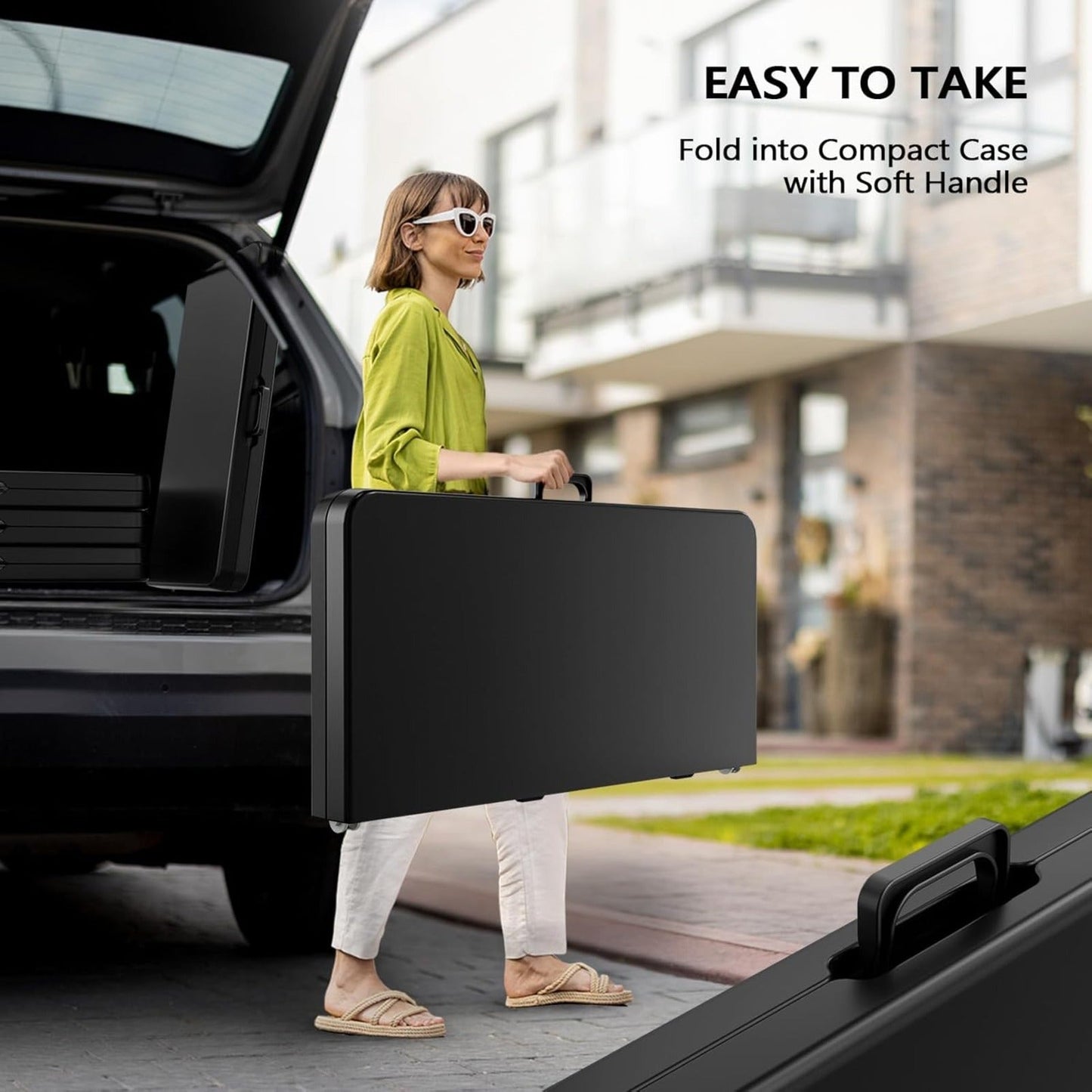 Portable Square Bi-Fold Table with Carry Handle in Black or White, Approximately 34 Inches Wide