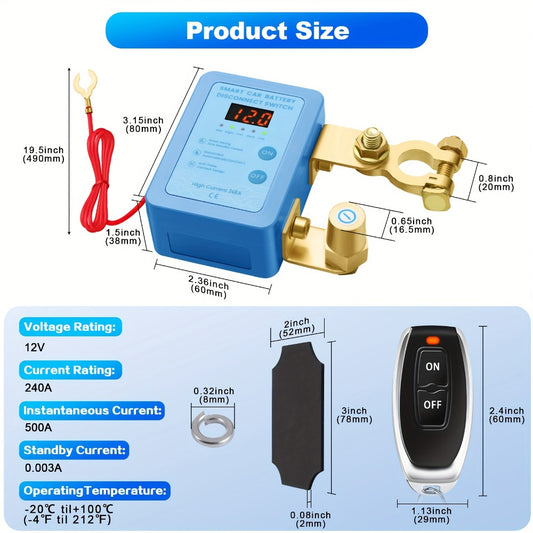Car Battery Auto Power Off Switch with LED Voltage Display - 12V/24V Anti-Drain Protection, Low Voltage Alarm, 240A Remote Control Battery Disconnect