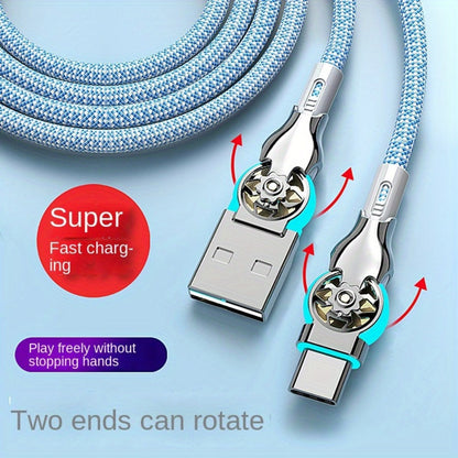 Double-Elbow USB-C to USB-C Cable with Rotating Right-Angle Connectors, Blue LED Accents and 2 m Length
