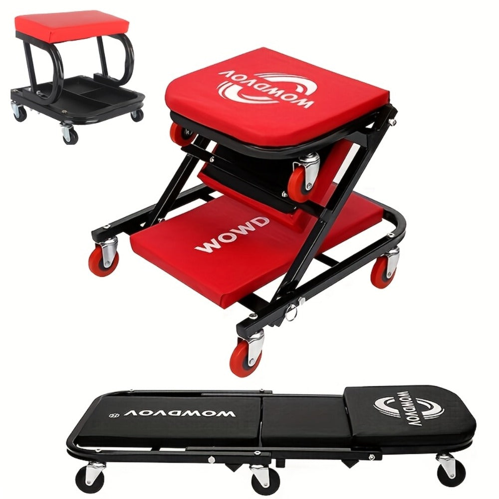 Mechanic Creeper 3-in-1 Z-Shape – 500 lb Capacity Foldable Garage Repair Stool, Lying Sitting Leaning Rolling Creeper with 6 Wheel Rollers for Auto Repair