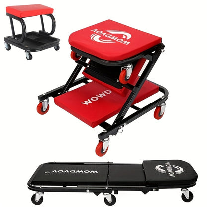 Mechanic Creeper 3-in-1 Z-Shape – 500 lb Capacity Foldable Garage Repair Stool, Lying Sitting Leaning Rolling Creeper with 6 Wheel Rollers for Auto Repair