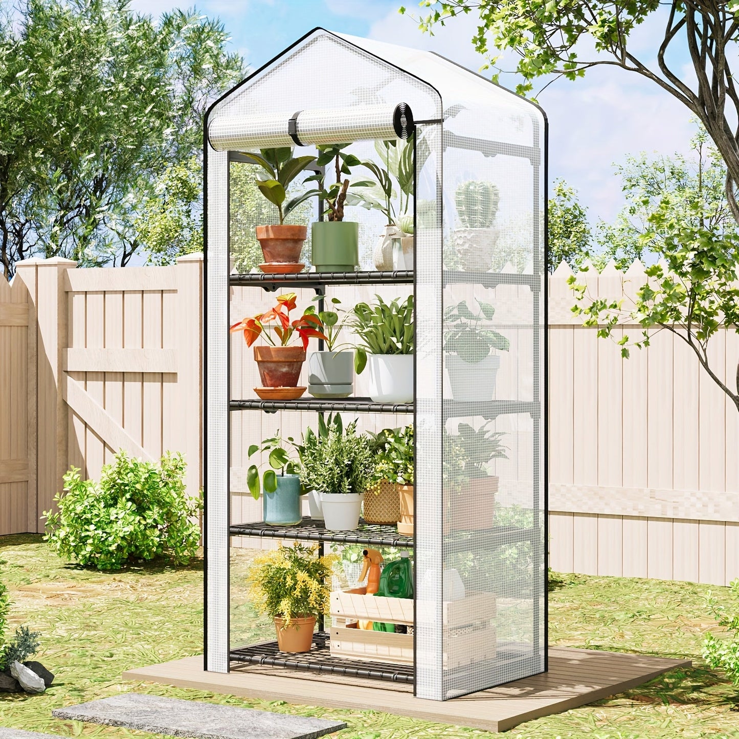 Three- or Four-Tier Portable Garden Greenhouse with Iron Frame and PE Cover in Six Configurations