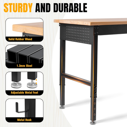 Adjustable 28–40-Inch Wood-Top Workbench in 60- or 96-Inch Widths with Pegboard, Wheels and Power Strip