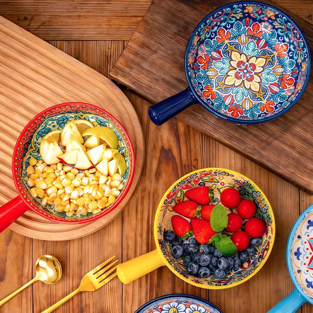 Four-Piece Bohemian-Style Ceramic Bowl Set with Handles in Light Blue, Blue, Red and Yellow