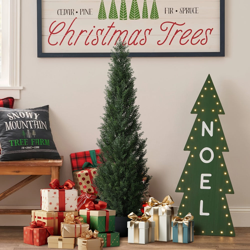Artificial Cedar Topiary Tree with 3, 4 or 5 ft Height Options, Black Pot and Single or Two-Tree Sets