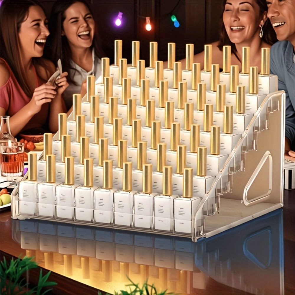 Four-Tier Transparent Nail Polish Organizer with Stepped Rows, Side Panels and Countertop Display Design