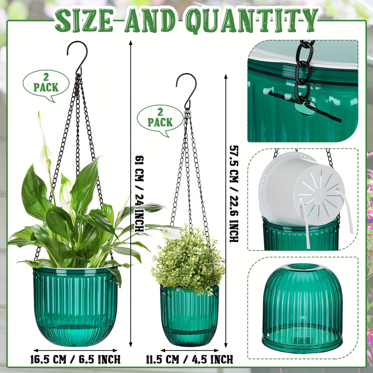 Four-Piece Self-Watering Hanging Planter Set with 6.5- and 4.5-Inch Pots, Hooks and Drainage Openings